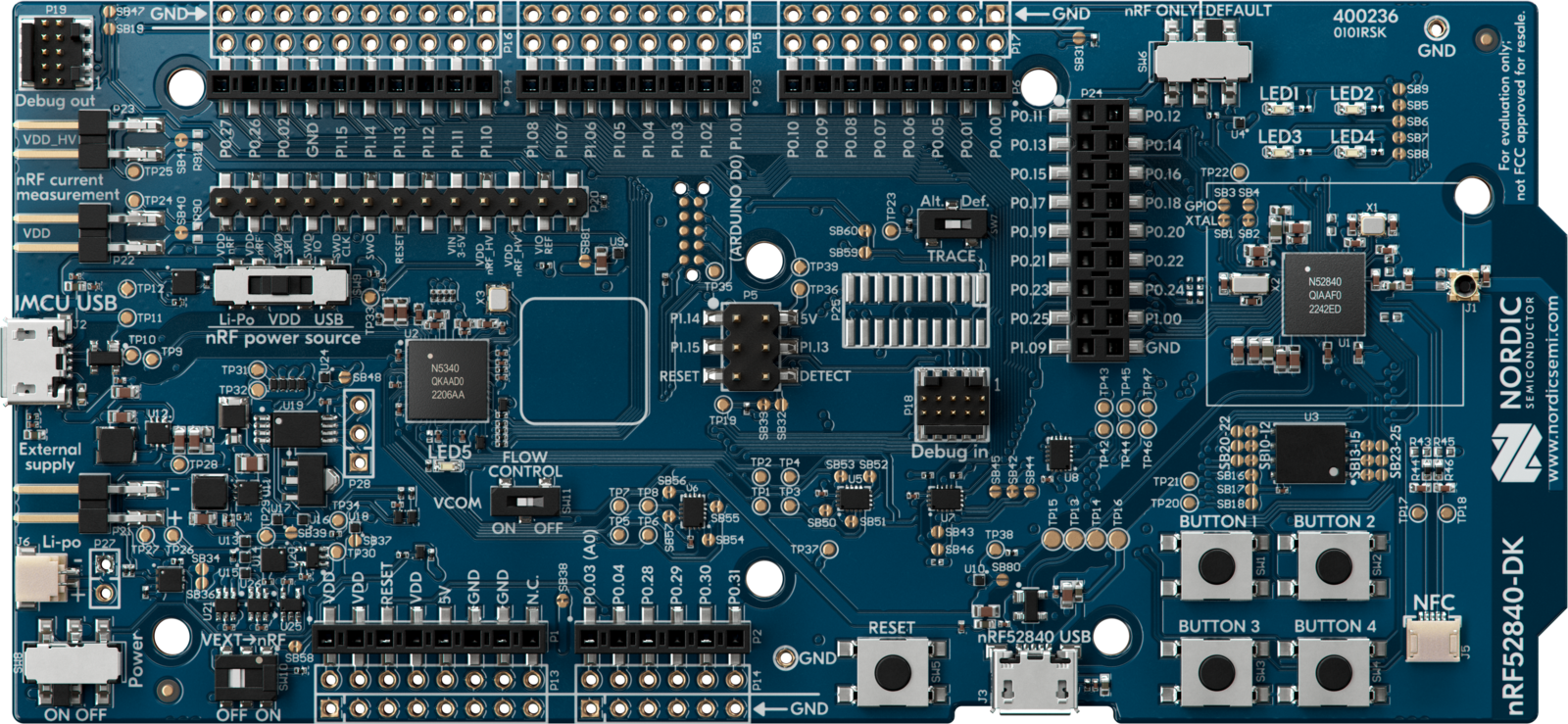 Official Nordic product photograph of the green nRF52840 development kit
